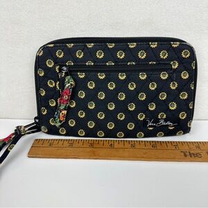 Vera Bradley Quilted Wallet Black Yellow Floral Zip Around Clutch Wristlet EUC